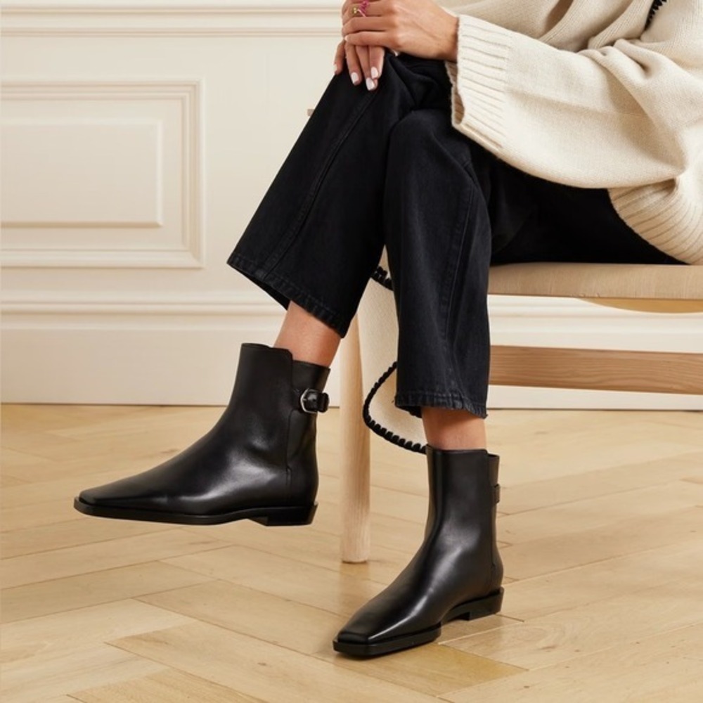 Toteme NWT The Belted Boots Booties Square Toe‎ Black Leather size 41